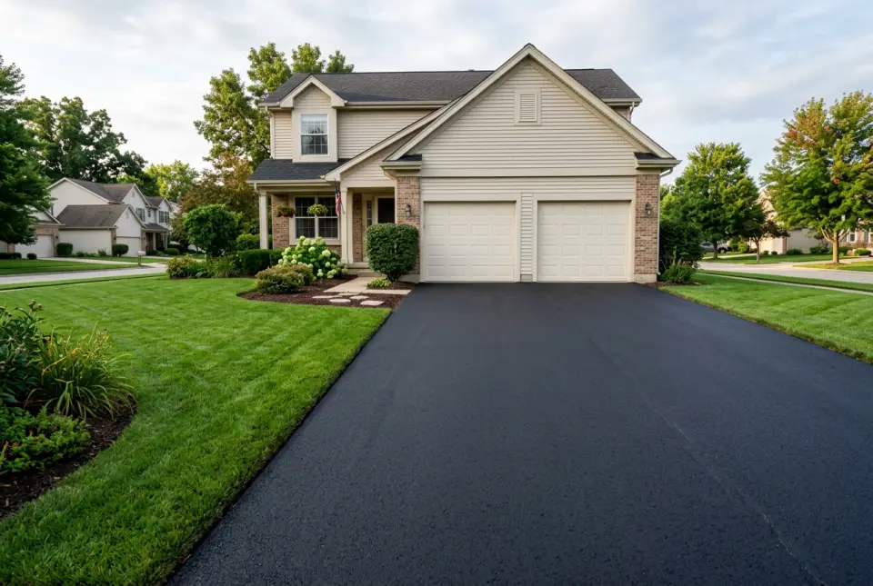 A freshly paved black asphalt driveway leading to a two-car garage, edged by green lawn