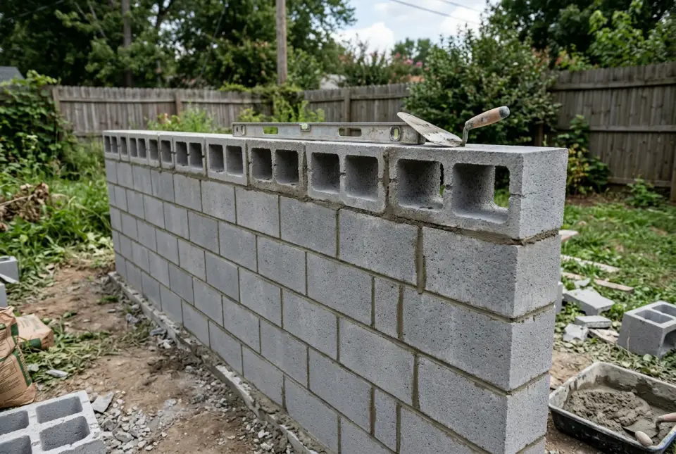 A concrete block wall partly built in running bond, with open cores along the top course and a level resting on it