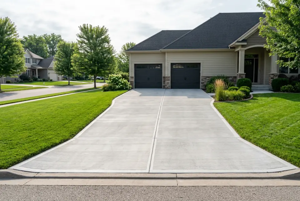 A new light-gray concrete driveway with a broom finish and straight control joints leading to a two-car garage