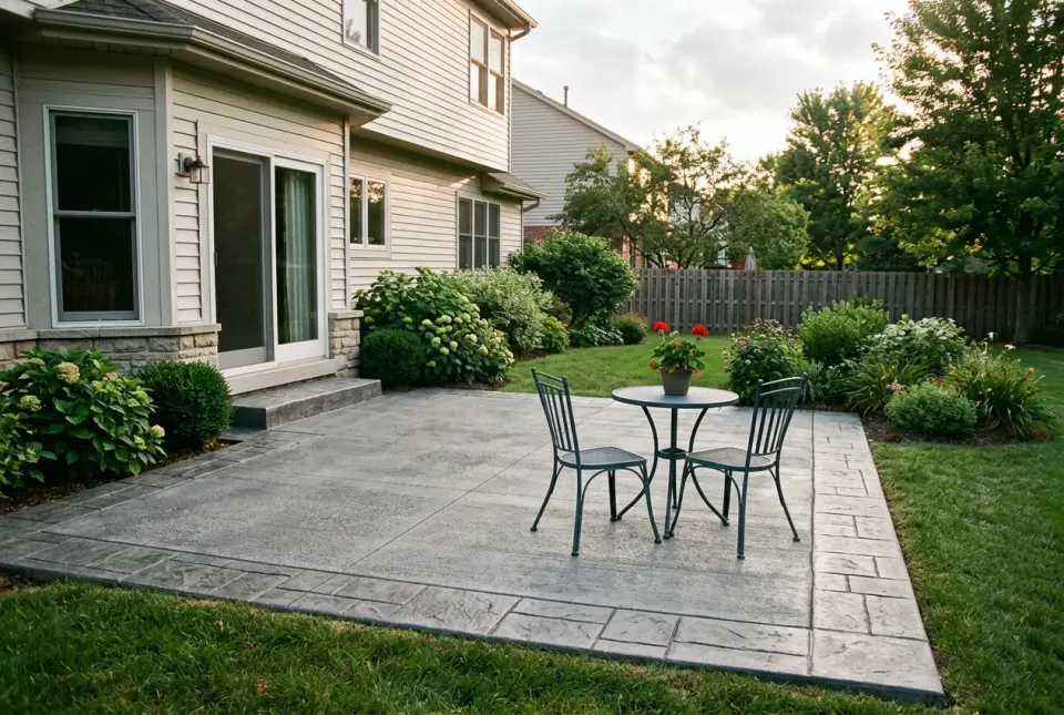 A concrete patio with a broom-finished center and a darker stamped border, with a small table and chairs