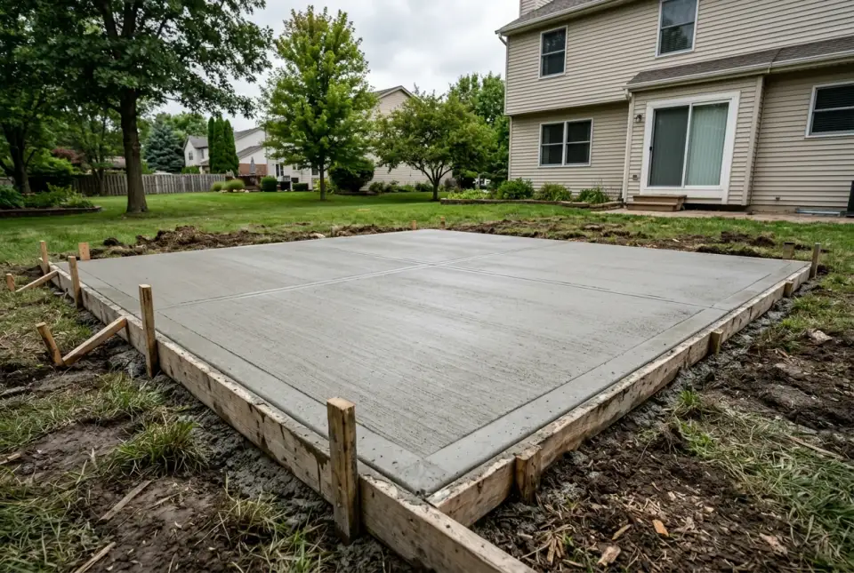 A newly poured broom-finished concrete slab behind a house, with wooden form boards still staked along its edges