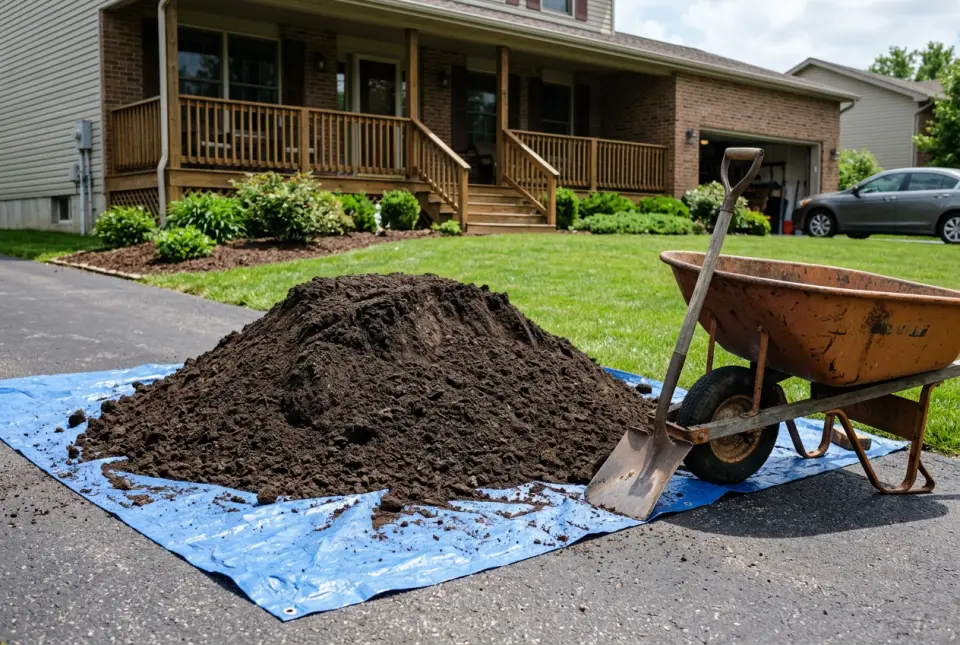 A mound of dark screened topsoil dumped on a blue tarp at the end of a driveway, with a wheelbarrow and shovel beside it