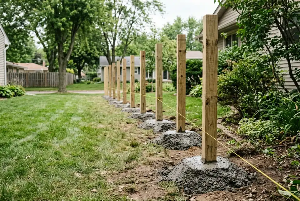 A row of freshly set wooden fence posts, each in a mound of fresh concrete, with a string line between them