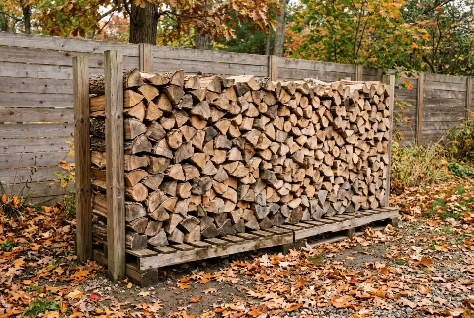 A stack of split firewood about 8 feet long and 4 feet high between two posts on a pallet base