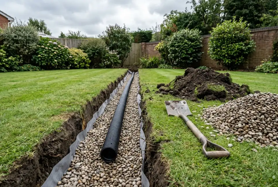 An open trench in a lawn lined with landscape fabric, with a perforated pipe on a bed of gravel