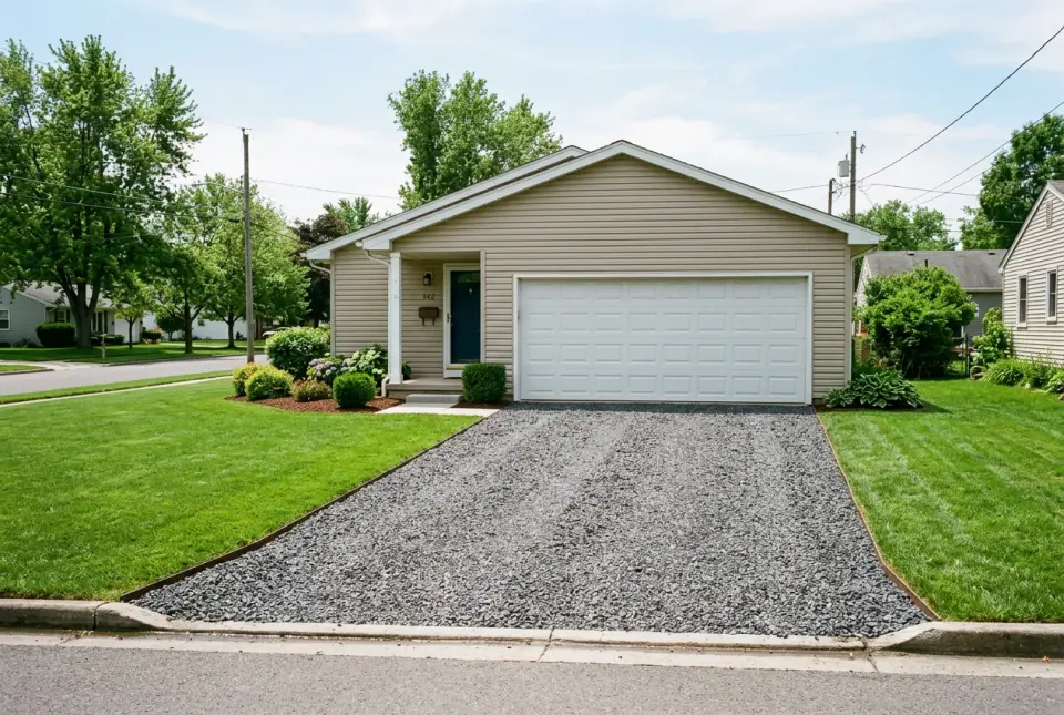 A gray crushed-stone gravel driveway running from the street to a garage, edged by lawn