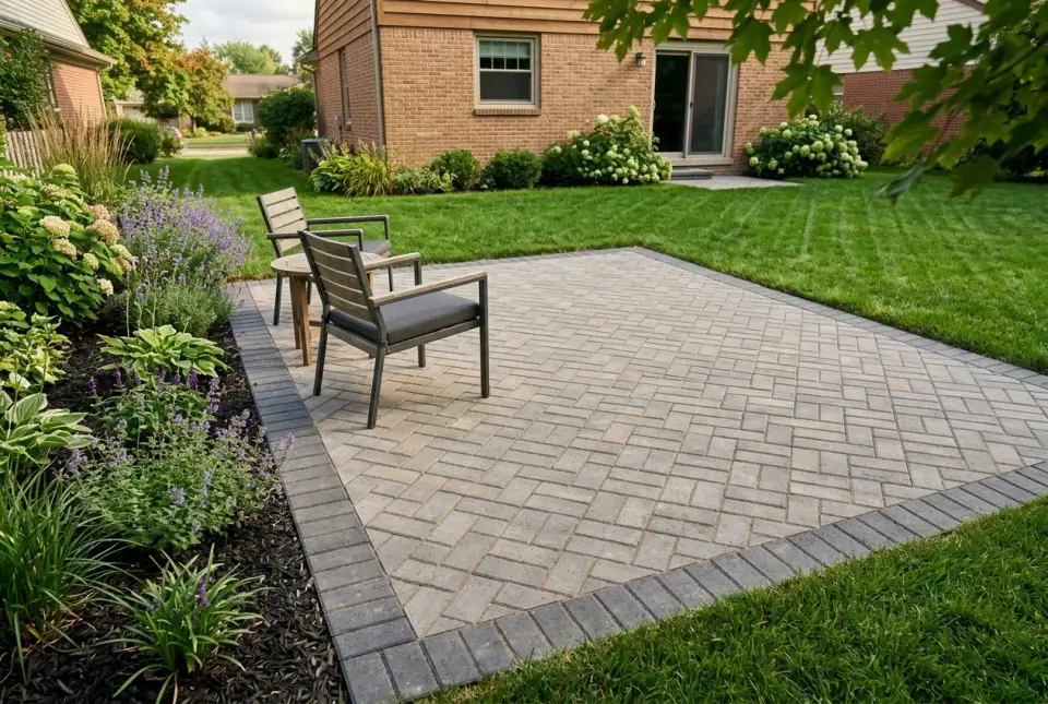 A finished concrete paver patio in a backyard with a border course of darker pavers and two outdoor chairs