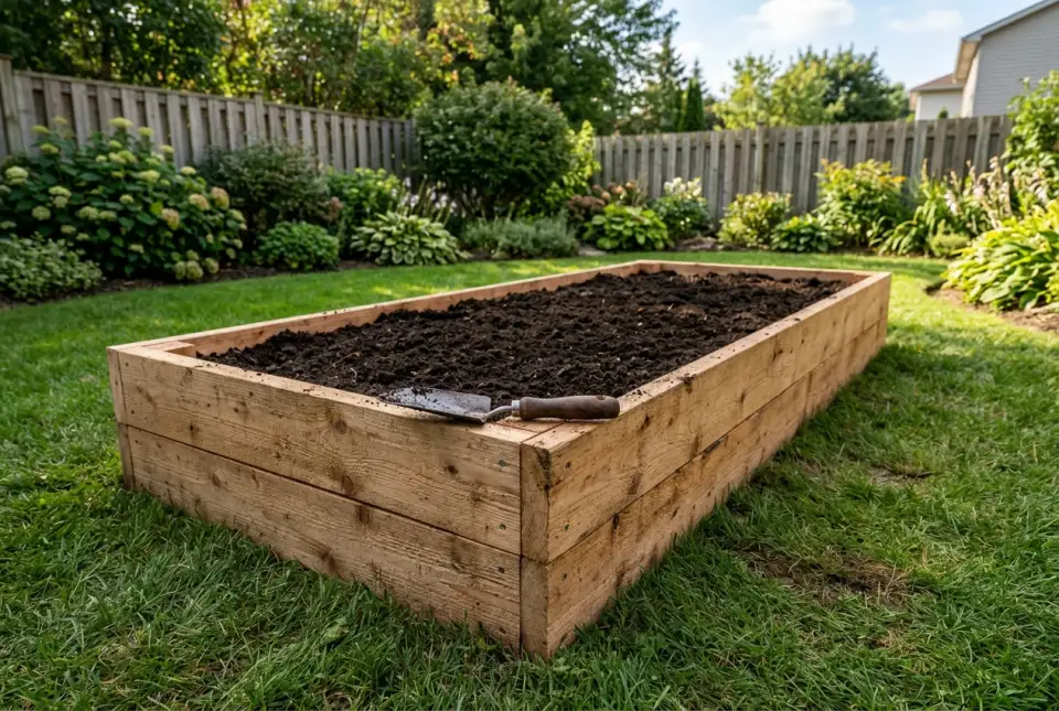 A cedar raised garden bed about 8 by 4 feet on a lawn, filled almost to the top with dark garden soil