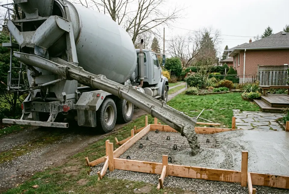 A ready-mix truck pouring concrete down its chute into wooden slab forms over a gravel base