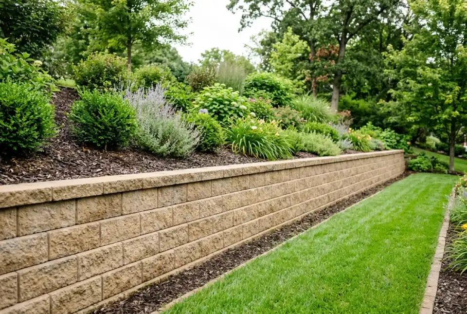 A tan segmental block retaining wall about 3 feet tall holding back a planted garden bed above a lawn