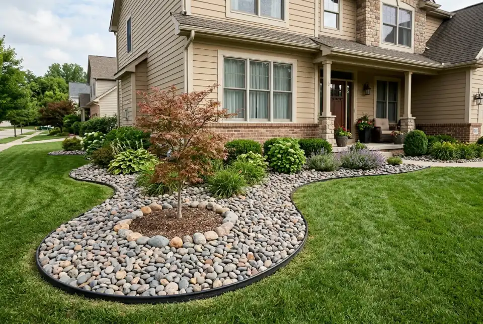 A curved bed of gray and tan river rock in front of a house, with a ring of rock around a small tree
